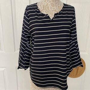 VAN HEUSEN Navy White Striped Bell Sleeve Top Blouse keyhole neck size Medium